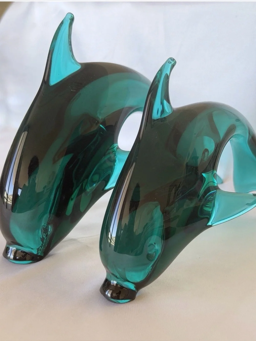 Vintage Green Art Glass Dolphin Figurines 10.5” & 8.5” Handmade Style – Set of 2